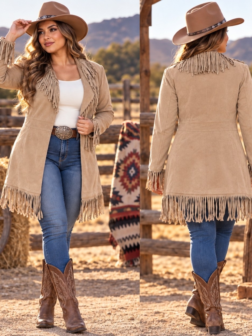 NEIMAN MARCUS Fringe Leather Trench Jacket - Tan
